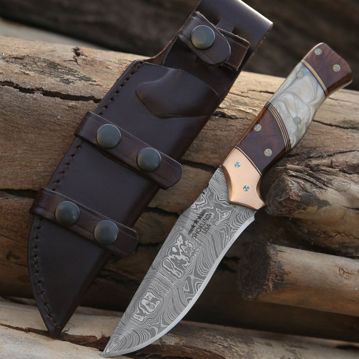 Damascus steel Hunting knife rosewood handle copper Fishing knife