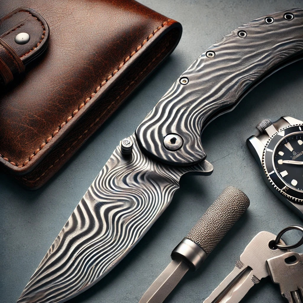 Refined Damascus steel EDC knife with intricate wavy blade patterns and a sleek ergonomic handle, displayed on a minimalist background with subtle everyday carry items like keys and a leather wallet, emphasizing both craftsmanship and practicality.