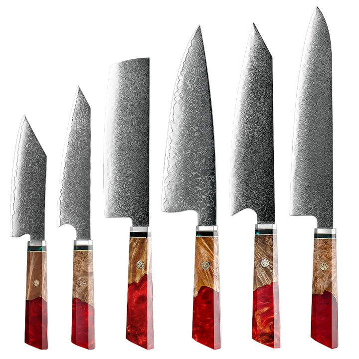 chef knife set - Fury Knife Set 6 Piece VG10 Damascus Steel with Exotic Maple Burl Wood & Resin Handle - Shokunin USA