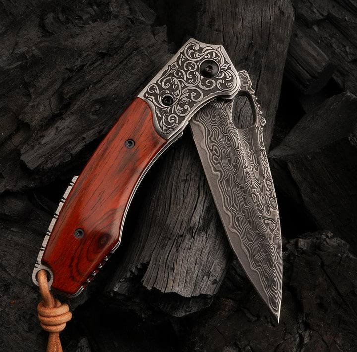 Pocket knife - Starchaser Japanese Damascus Pocket Knife with Exotic Sandal Wood Handle - Shokunin USA