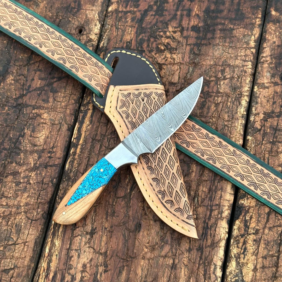 Fixed blade knife. - Damascus Skinner Knife with Handtooled Sheath & Belt - Shokunin USA