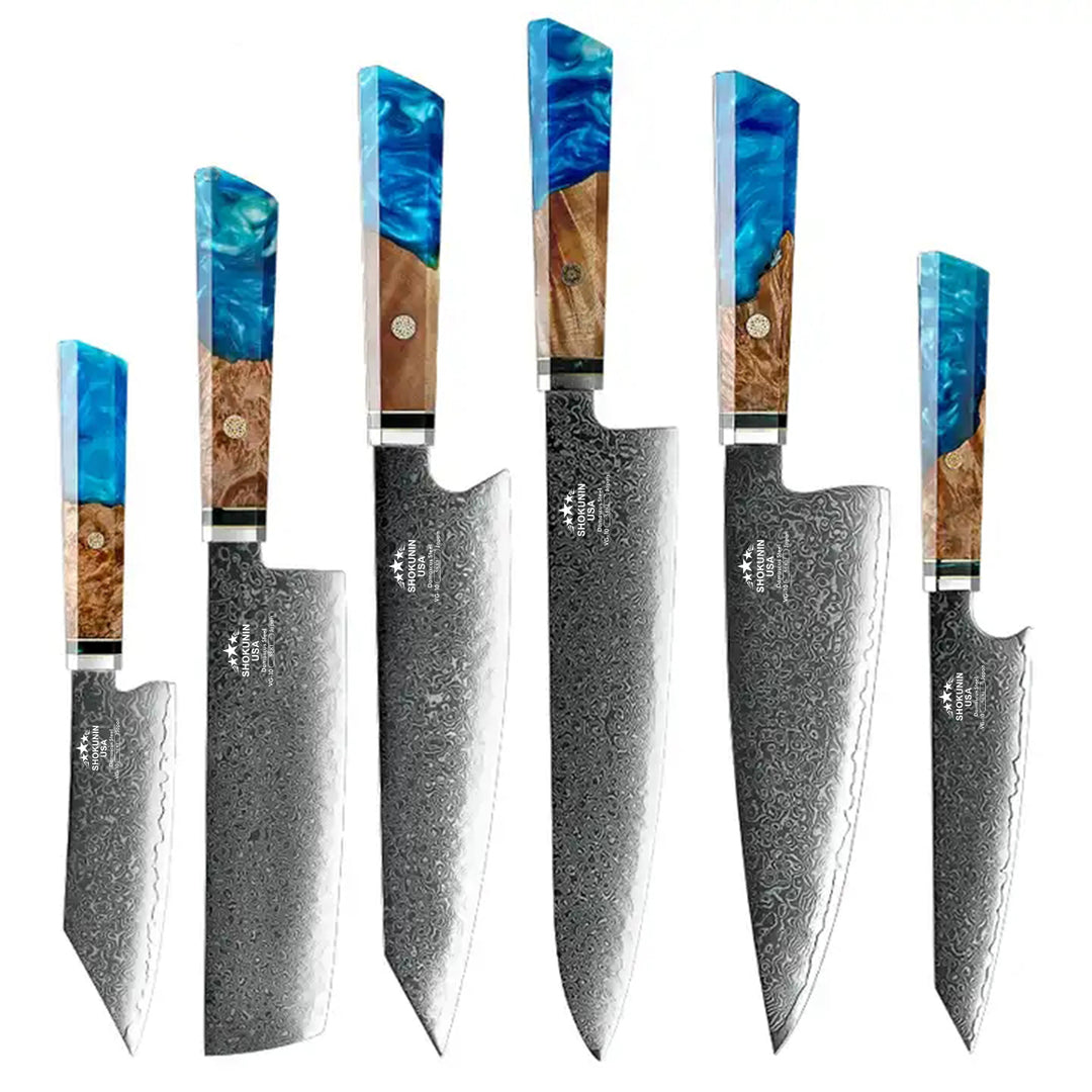 Legacy Japanese Knife Set with VG-10 Damascus Steel Blades & Exotic Olive Burl Wood & Resin Handle