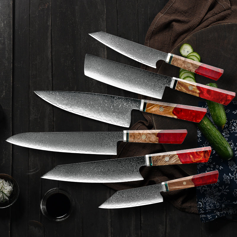 chef knife set - Fury Knife Set 6 Piece VG10 Damascus Steel with Exotic Maple Burl Wood & Resin Handle - Shokunin USA