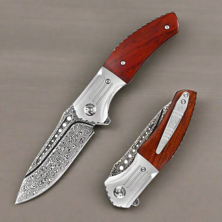 Pocket Knife - Ironbark Damascus Pocket Knife Set With Exotic Red Sandalwood Handle, Clip & Sheath - Shokunin USA