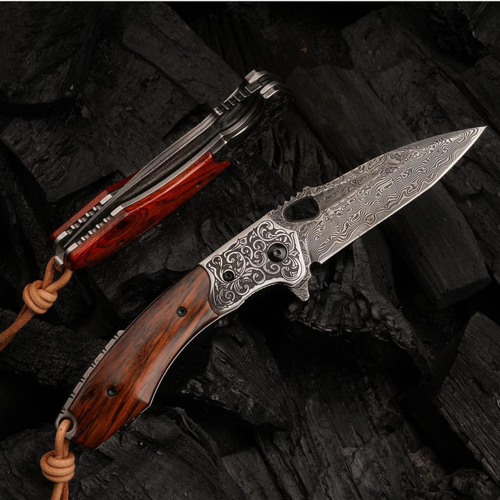 Pocket knife - Starchaser Japanese Damascus Pocket Knife with Exotic Sandal Wood Handle - Shokunin USA