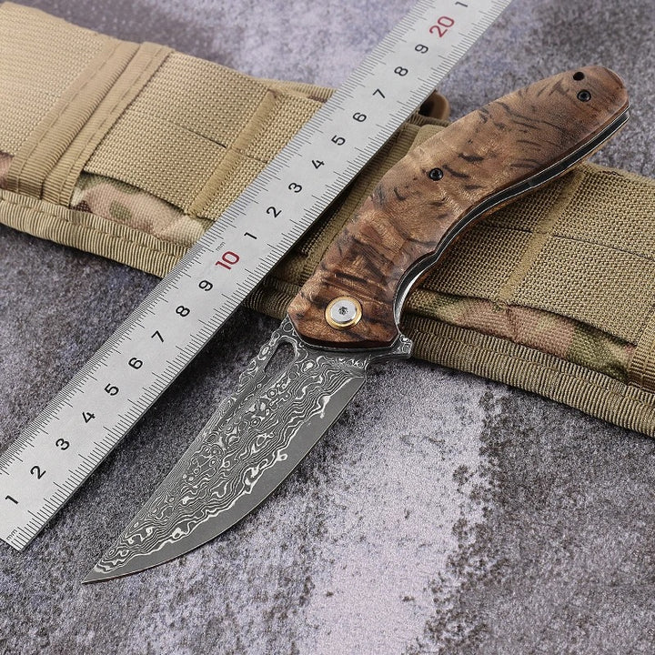 Damascus Knife - Tomahawk Damascus Pocket Knife with Clip and Exotic Olive Wood Burl Handle - Shokunin USA