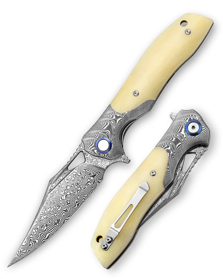 Utility Knife - Helios VG10 Damascus Pocket Knife with Bone Handle - Shokunin USA