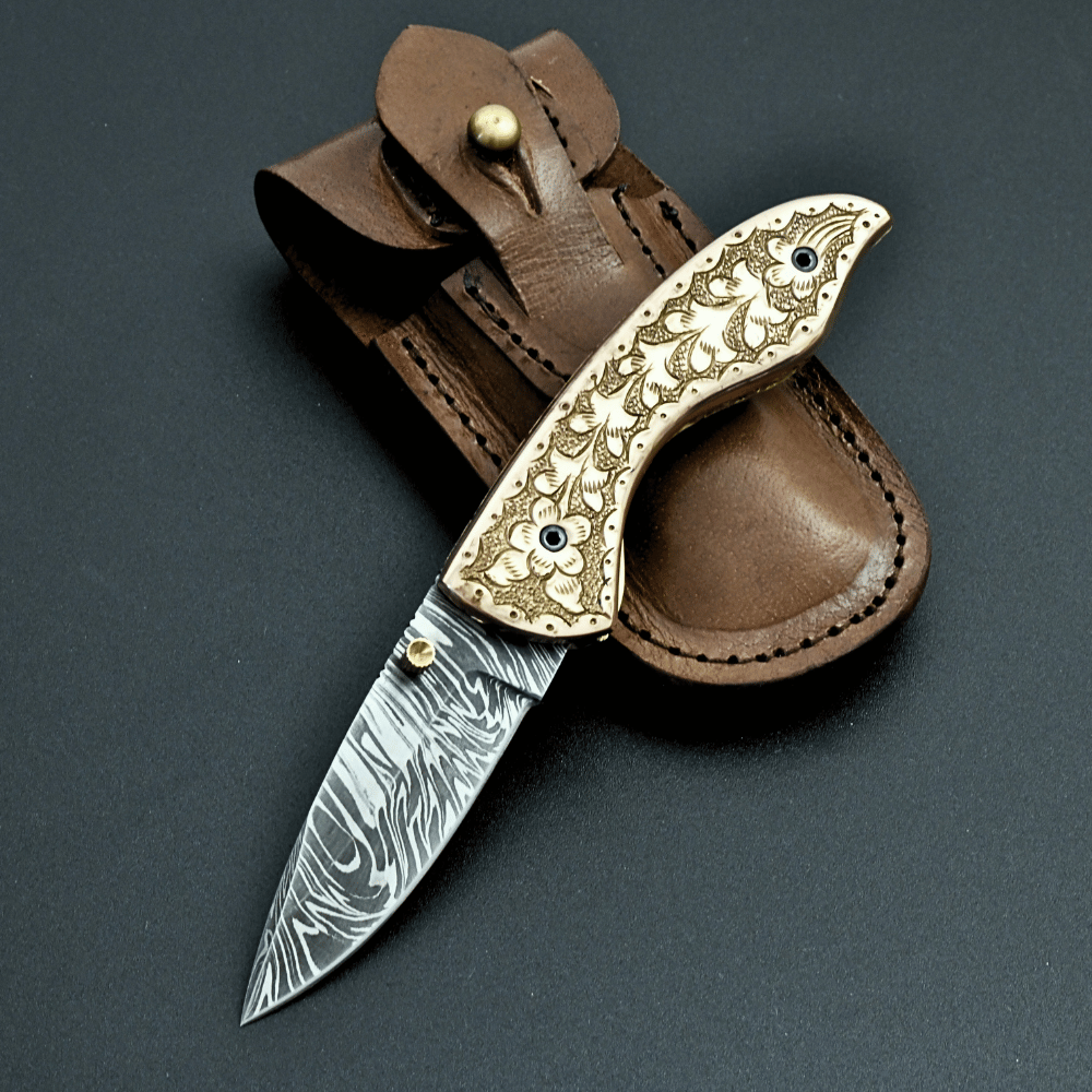 Utility Knife - Pixel Copper Damascus Pocket Knife with Engraved Copper Handle - Shokunin USA