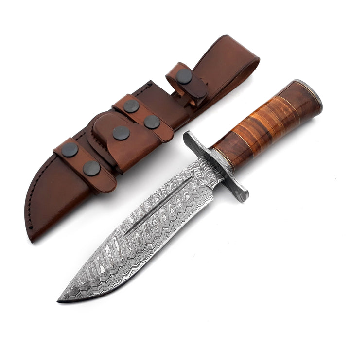 Utility Knife - Rambo Damascus Bowie Knife with Exotic Rosewood & Stacked Leather Handle - Shokunin USA