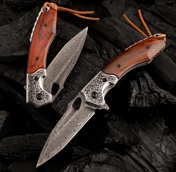 Pocket knife - Starchaser Japanese Damascus Pocket Knife with Exotic Sandal Wood Handle - Shokunin USA