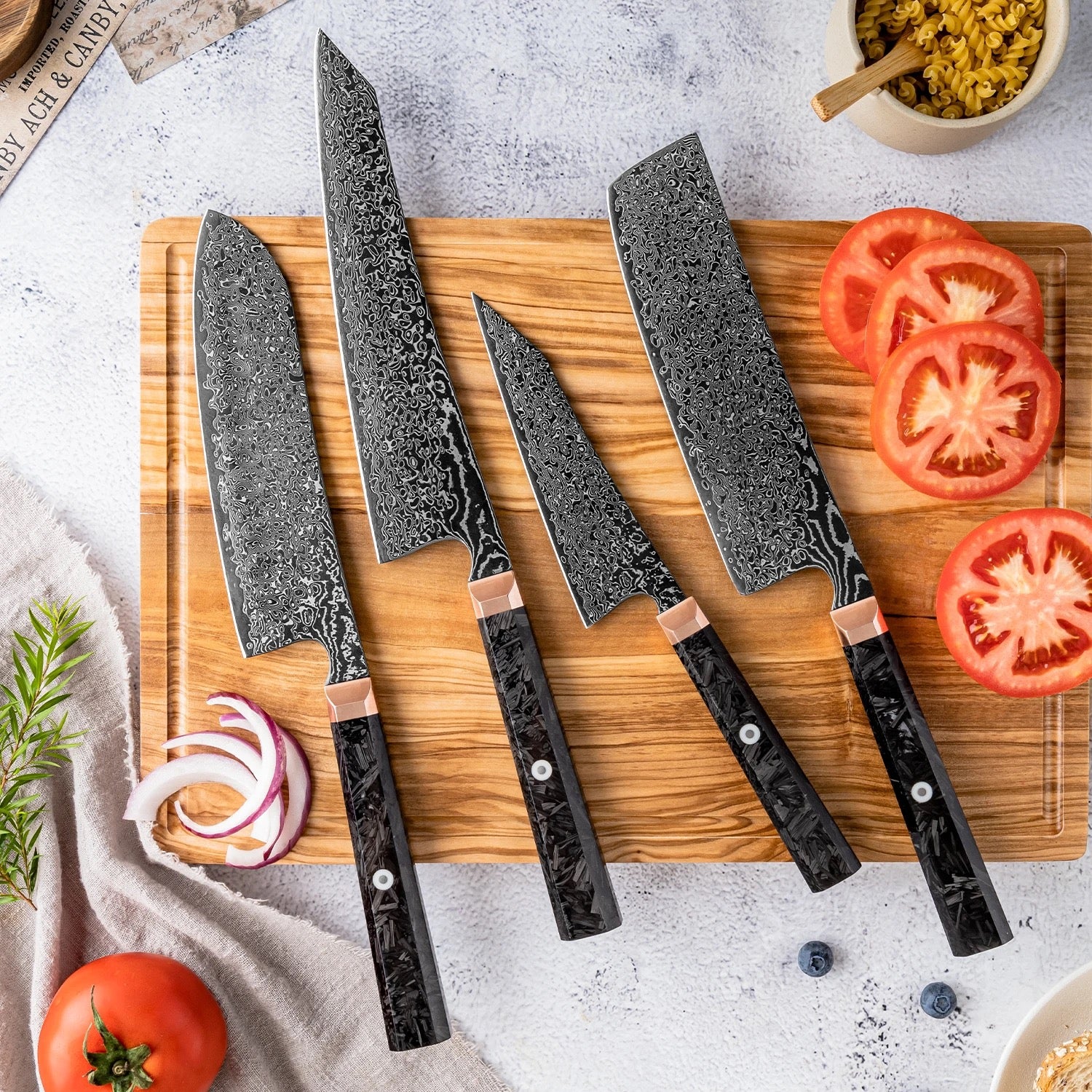 Hand Made Damascus Steel Chef Knife Set on sale with leather roll, Kitchen Knife Set, Set of 5 Pieces, Japanese Chef knife set, best Christmas gift