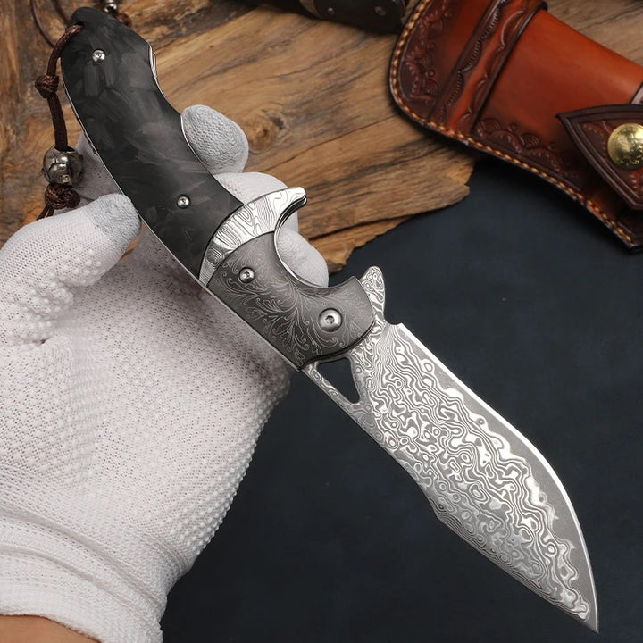 Damascus Knife - Hermes Damascus Steel Folding Pocket Knife with Carbon Fiber Handle - Shokunin USA