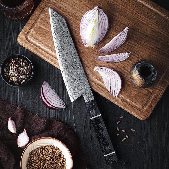 Chef knife - Cobalt Premium Japanese Chef Knife 8" VG-10 Damascus Steel with Carbon Fiber Handle & Leather Sheath - Shokunin USA