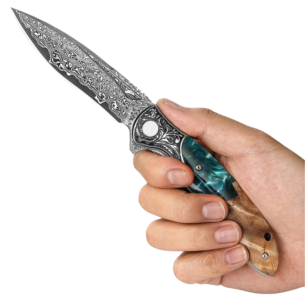 Helios Japanese Damascus Pocket Knife VG-10 with Exotic Stabilized Olive Burl Wood Handle