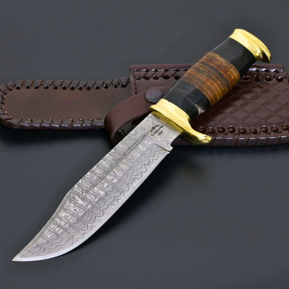 Damascus Knife - Darkstar Bowie Knife with Bull Horn & Stacked Leather Composite Handle - Shokunin USA