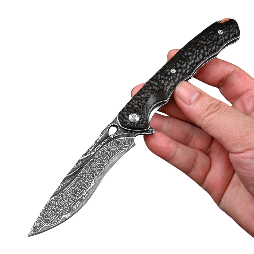 Utility Knife - Panther Handmade Stainless Damascus Pocket Knife with Clip and Exotic Ebony Wood Handle - Shokunin USA