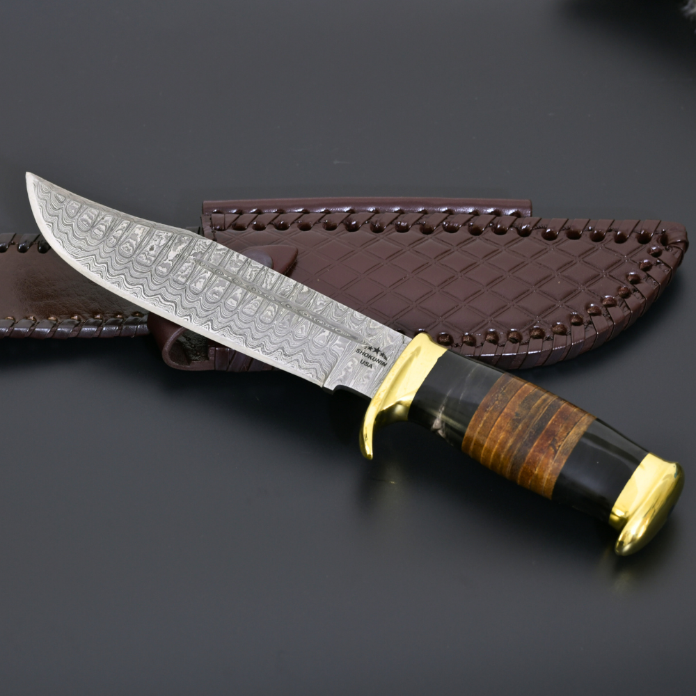 Damascus Knife - Darkstar Bowie Knife with Bull Horn & Stacked Leather Composite Handle - Shokunin USA