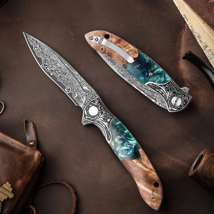 Pocket Knife - Helios Japanese Damascus Pocket Knife VG-10 with Exotic Stabilized Olive Burl Wood Handle - Shokunin USA