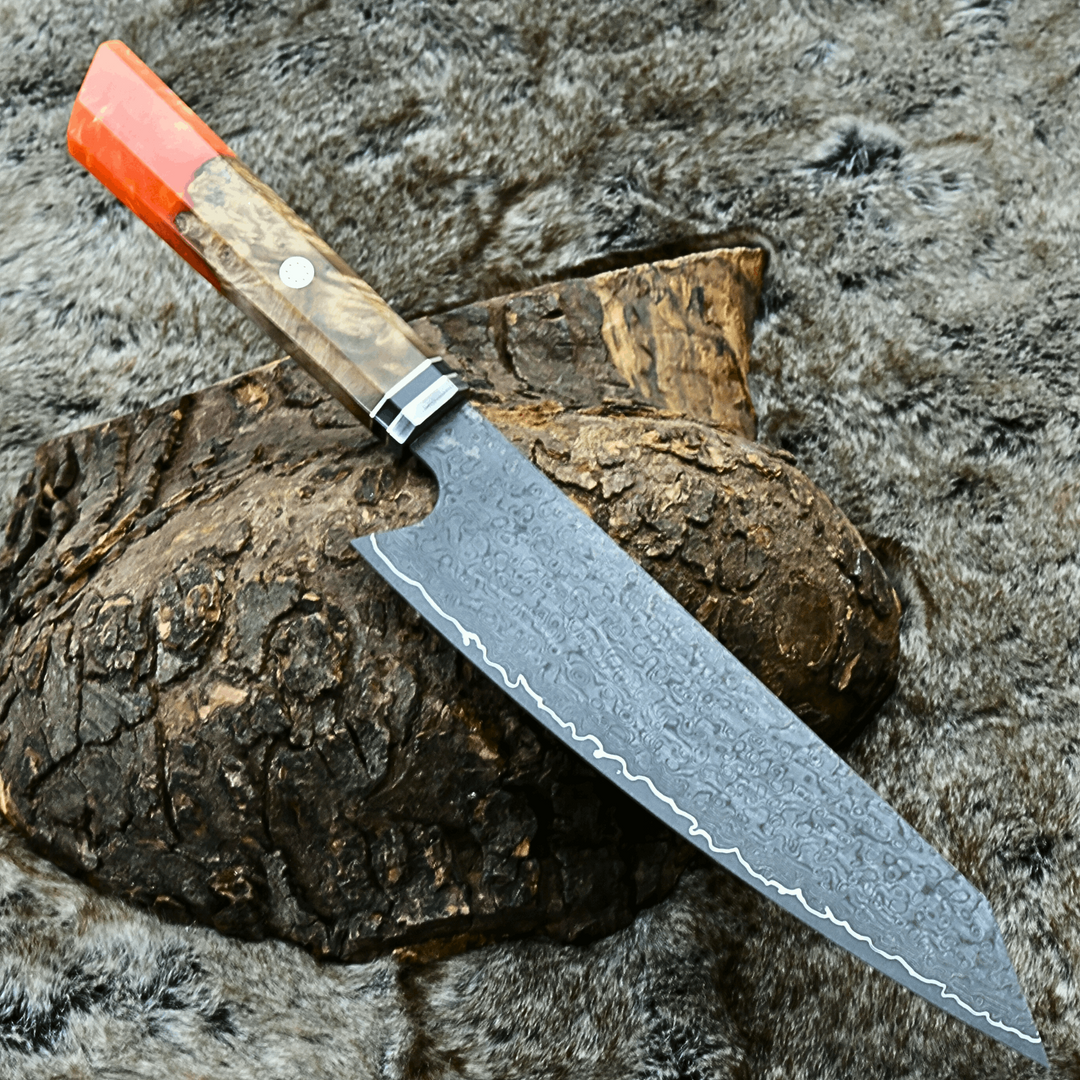 Chef knife - Aurora VG10 Damascus Chef Knife with Exotic Olive Wood Burl & Orange Pearl Resin Handle - Shokunin USA