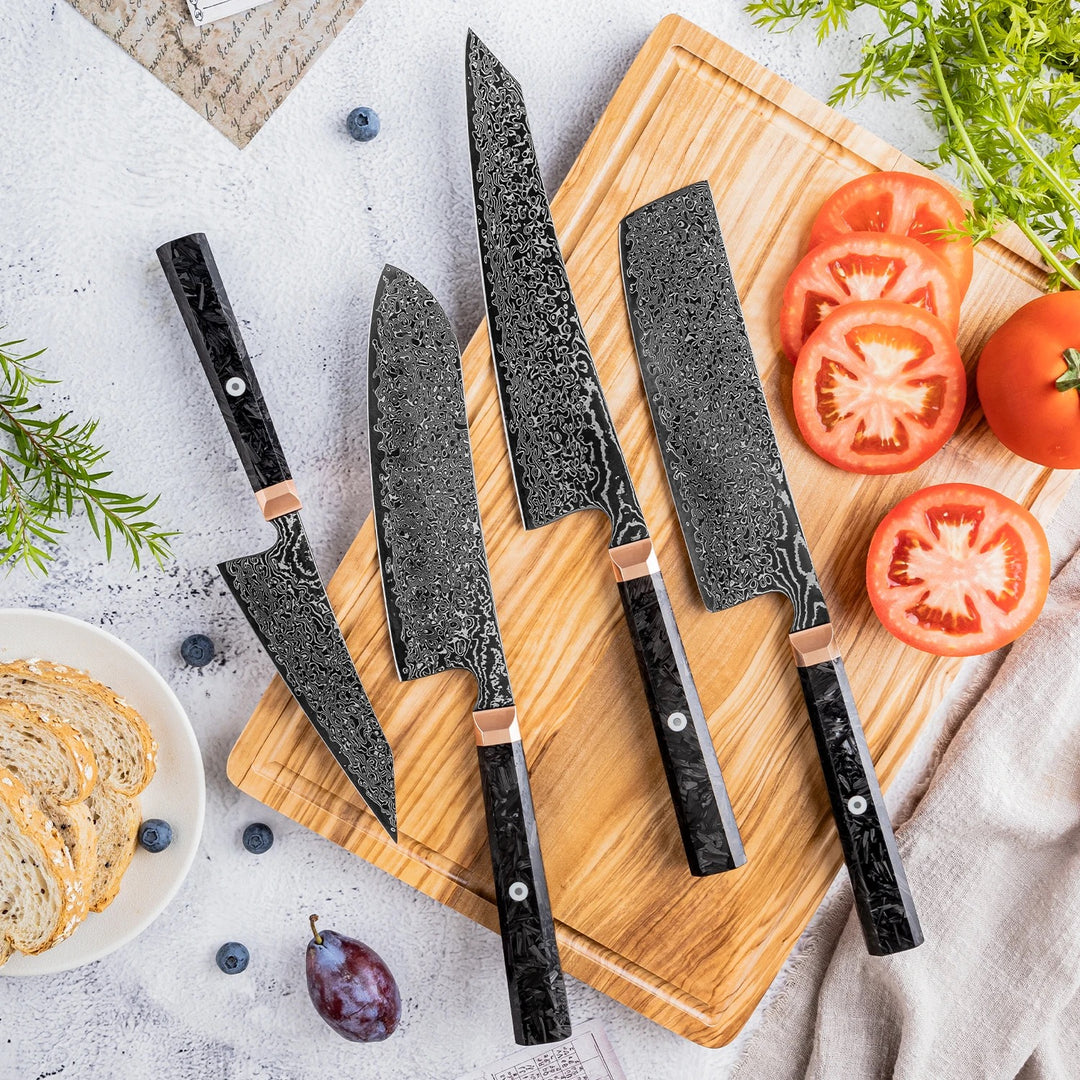 Chef Knife Set - Raven Japanese Knife VG-10 Damascus Steel With Carbon Fiber Handle - Shokunin USA