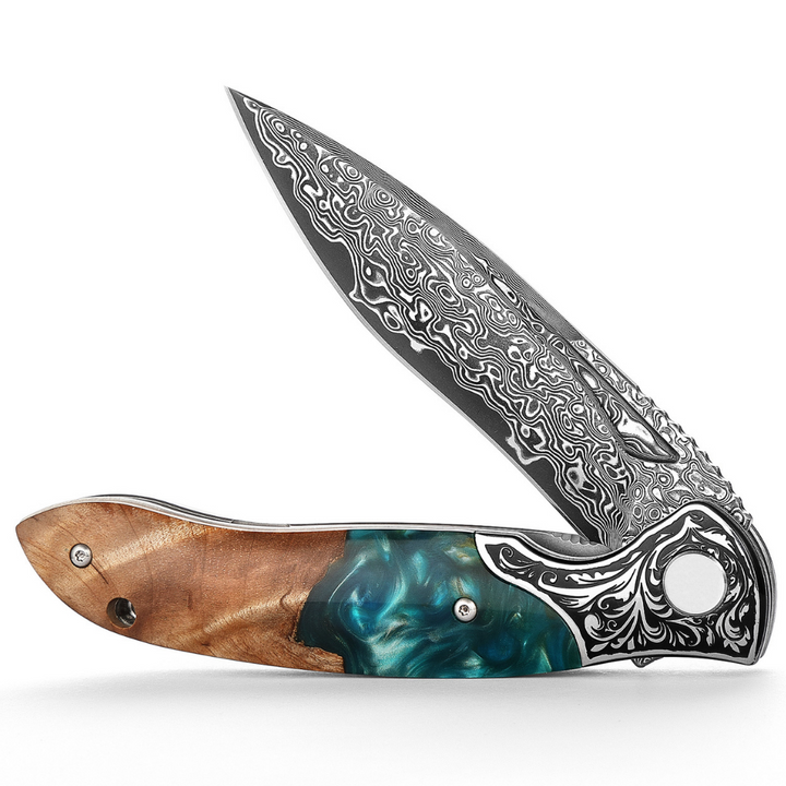 Helios Japanese Damascus Pocket Knife VG-10 with Exotic Stabilized Olive Burl Wood Handle