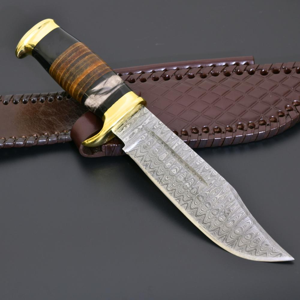 Damascus Knife - Darkstar Bowie Knife with Bull Horn & Stacked Leather Composite Handle - Shokunin USA