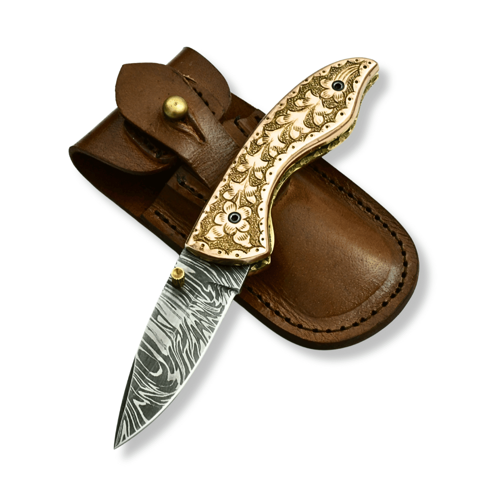 Utility Knife - Pixel Copper Damascus Pocket Knife with Engraved Copper Handle - Shokunin USA