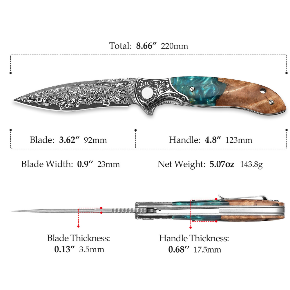 Pocket Knife - Helios Japanese Damascus Pocket Knife VG-10 with Exotic Stabilized Olive Burl Wood Handle - Shokunin USA