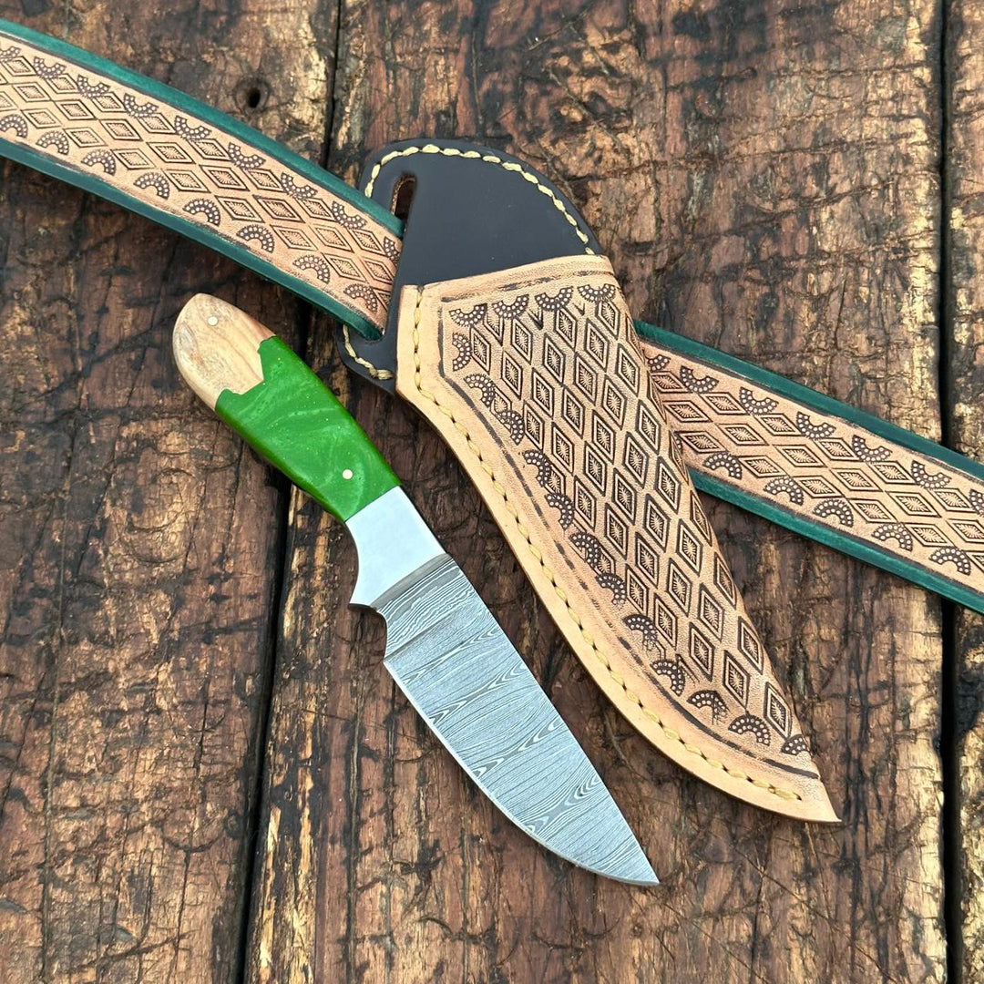 Damascus Skinner Knife with Handtooled Sheath & Belt