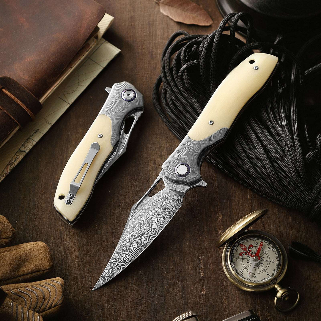 Helios VG10 Damascus Pocket Knife with Bone Handle