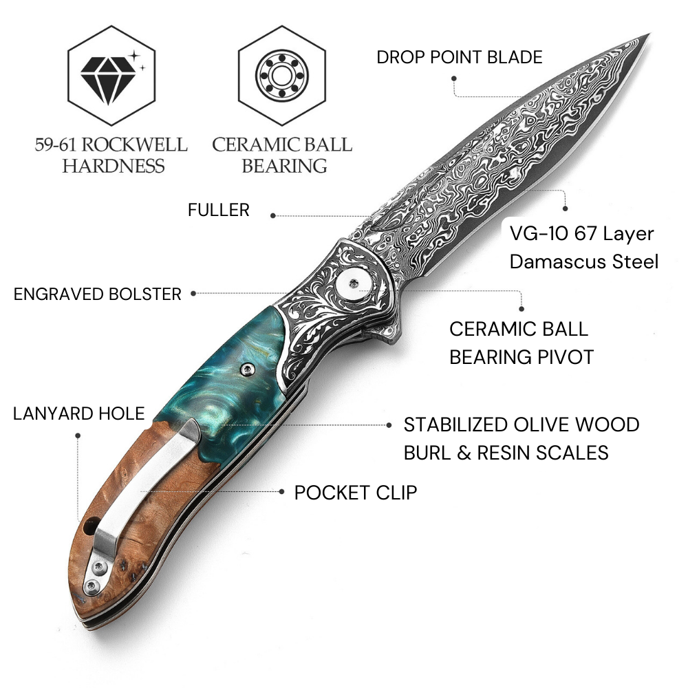 Pocket Knife - Helios Japanese Damascus Pocket Knife VG-10 with Exotic Stabilized Olive Burl Wood Handle - Shokunin USA