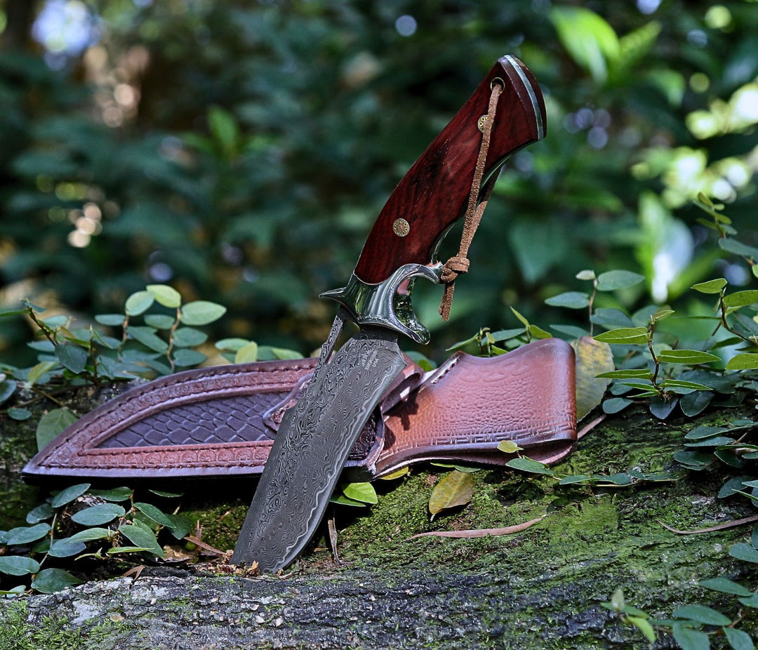 Utility Knife - Velar Japanese Hunting Knife with VG-10 Damacus Blade and Exotic Red Sandal Wood Handle - Shokunin USA