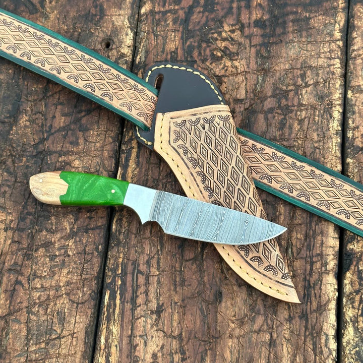 Damascus Skinner Knife with Handtooled Sheath & Belt