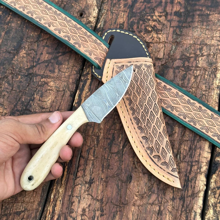 Damascus Skinner Knife with Handtooled Sheath & Belt