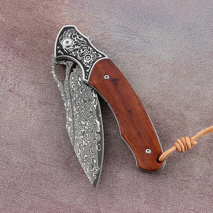 Utility Knife - Meteor Engraved Damascus Steel Pocket Knife with Exotic Red Sandal Wood Handle - Shokunin USA