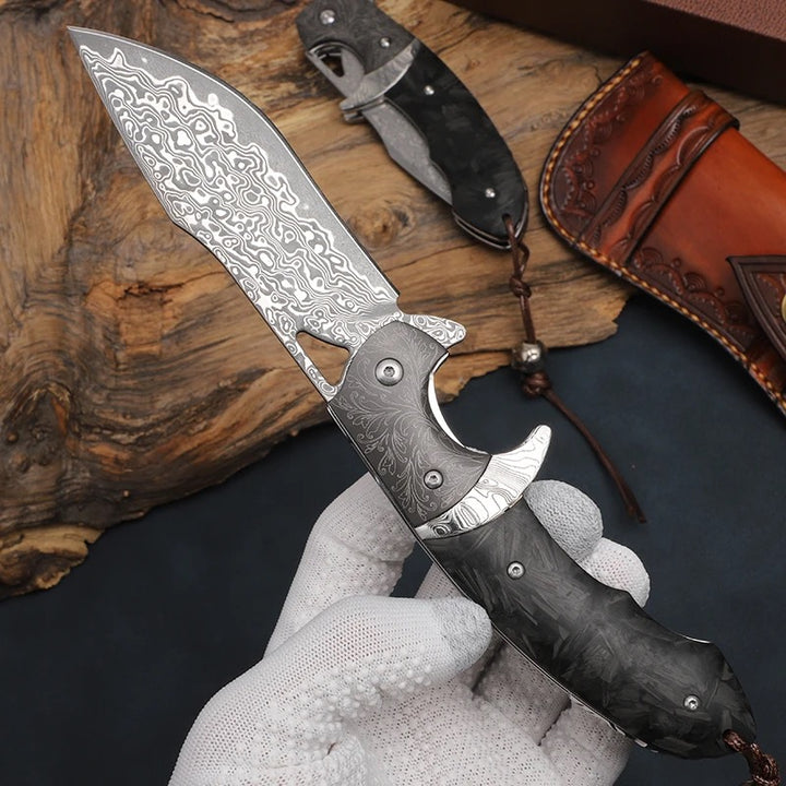 Damascus Knife - Hermes Damascus Steel Folding Pocket Knife with Carbon Fiber Handle - Shokunin USA