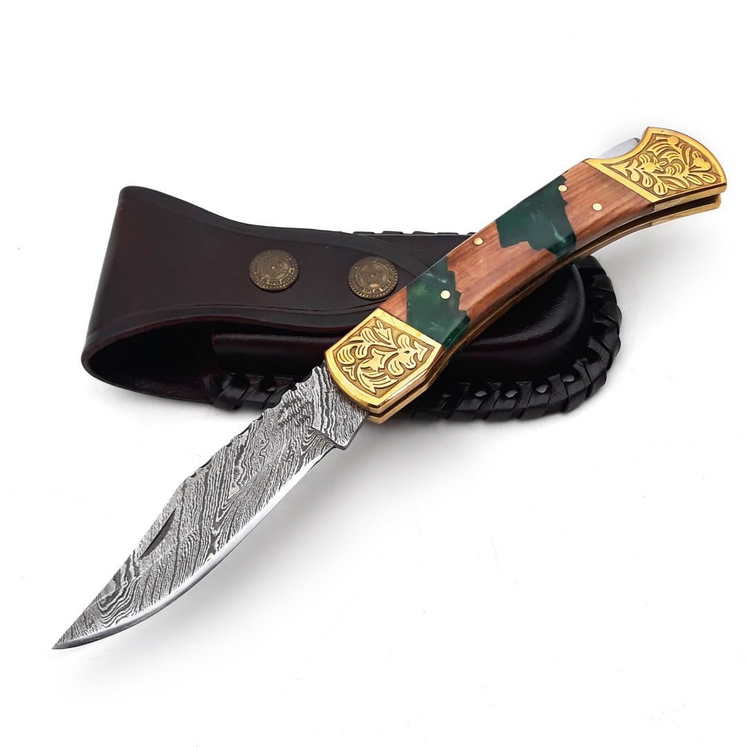 Flashblade Handmade Damascus Best EDC Pocket Knife with Leather Sheath & Olive Wood Handle