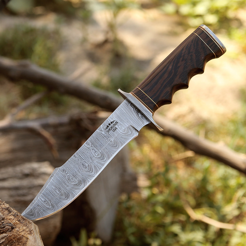 Hunting Knives - Thunderbolt Damascus Bowie Knife with Exotic Wenge Wood Handle - Shokunin USA