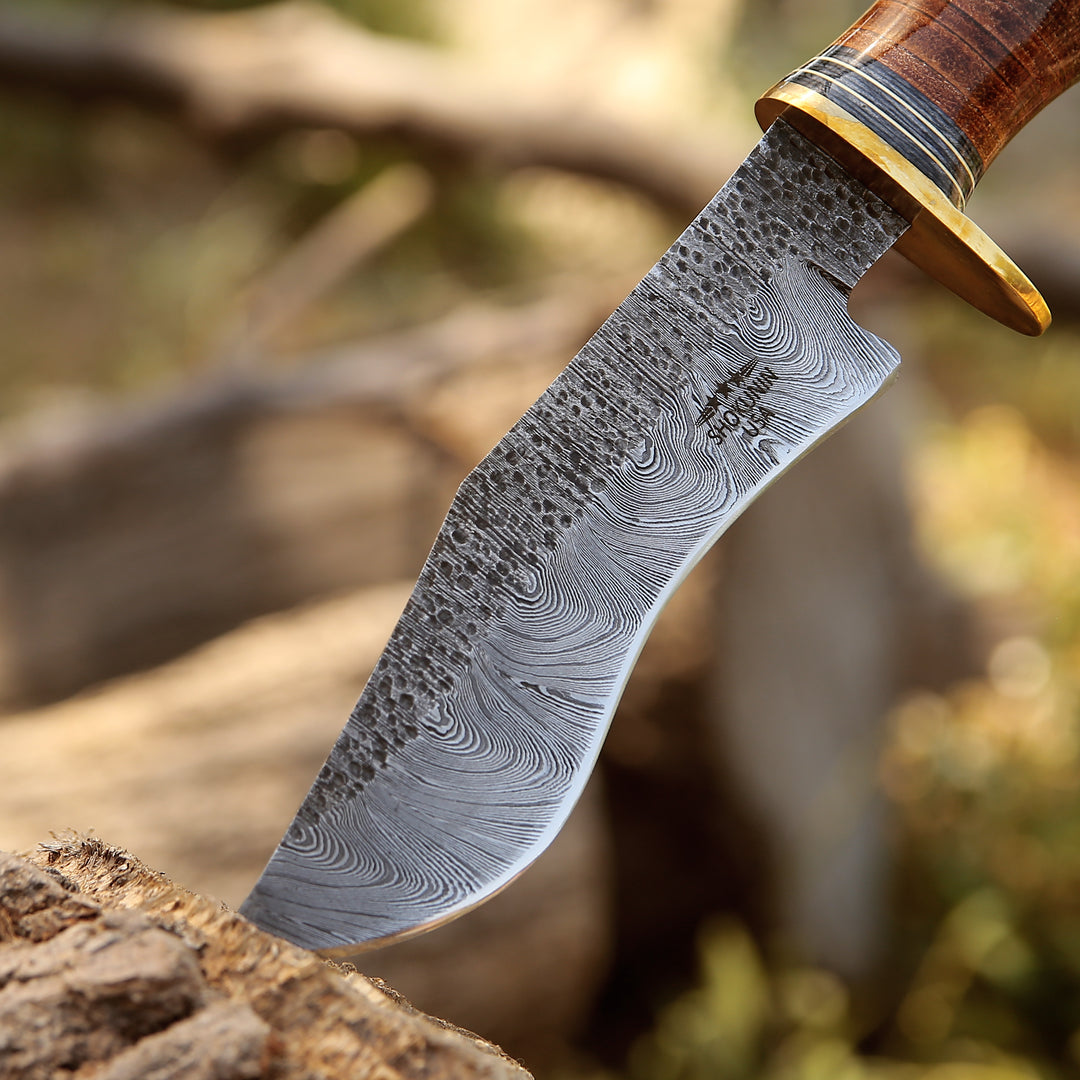 Hawk 11.5" Damascus Bowie Knife with Stacked Leather Handle