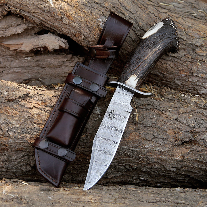 Damascus Knife - Wildfire Damascus Bowie Knife with Stag Horn Handle - Shokunin USA