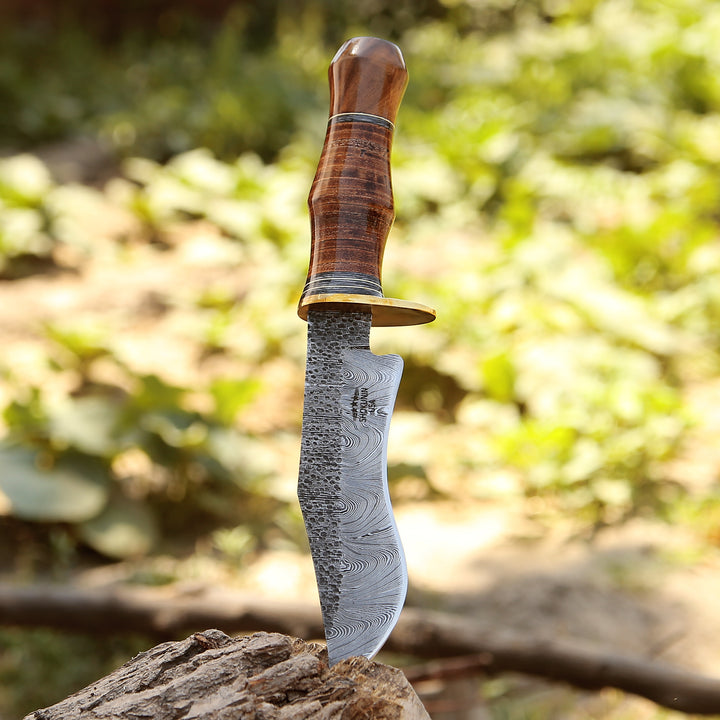 Hawk 11.5" Damascus Bowie Knife with Stacked Leather Handle