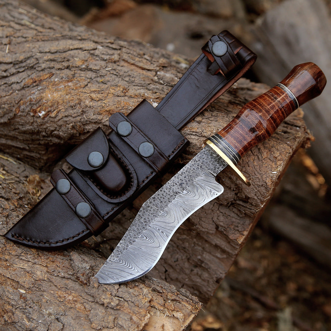 Damascus Knife - Hawk 11.5" Damascus Bowie Knife with Stacked Leather Handle - Shokunin USA