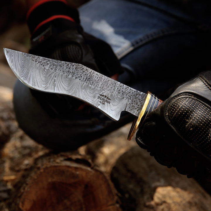 Damascus Knife - Hawk 11.5" Damascus Bowie Knife with Stacked Leather Handle - Shokunin USA