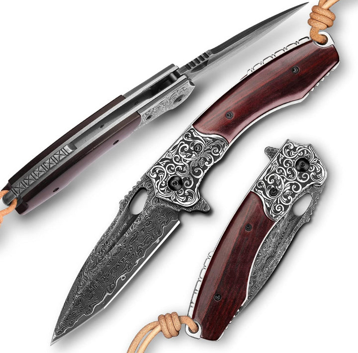 Pocket knife - Starchaser Japanese Damascus Pocket Knife with Exotic Sandal Wood Handle - Shokunin USA