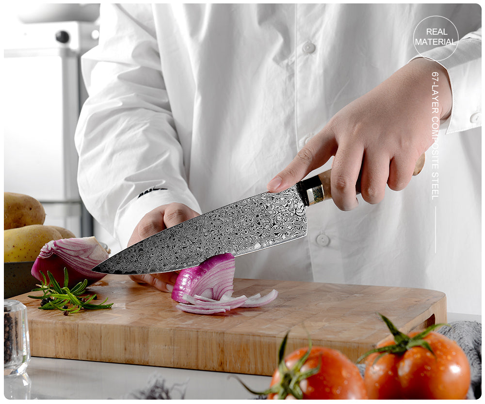 Chef Knife - Shinobi VG10 Damascus Chef Knife 8" with Exotic Olive Wood Handle - Shokunin USA