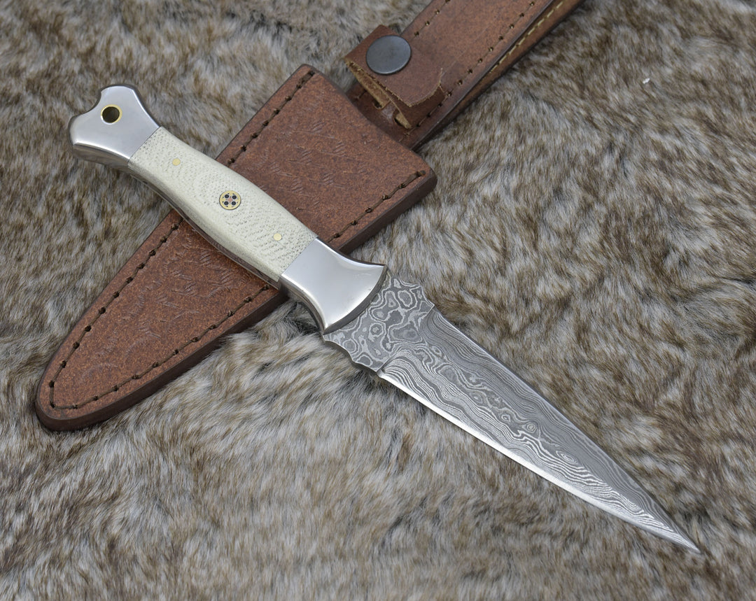 Damascus Knife - Prowler Damascus Fixed Blade Knife with G10 Handle & Leather Sheath - Shokunin USA