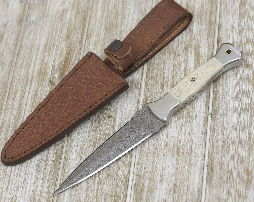Damascus Knife - Prowler Damascus Fixed Blade Knife with G10 Handle & Leather Sheath - Shokunin USA