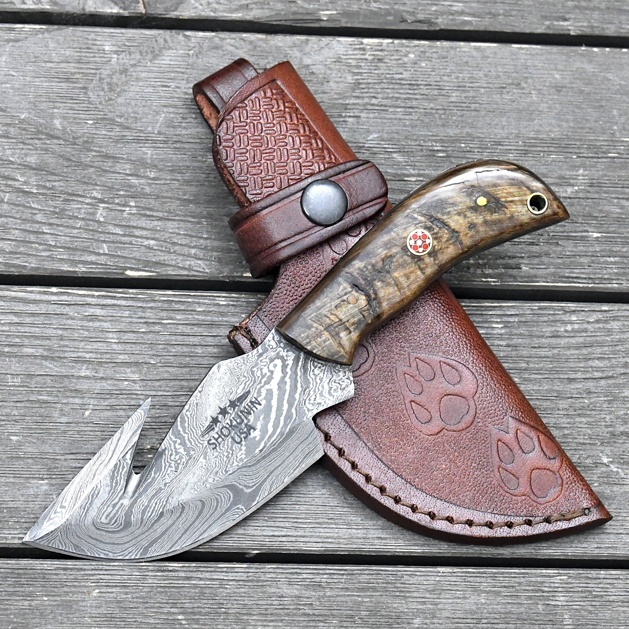 Damascus Hunting Gut Hook Skinner Knife, Damascus Steel Classic Hunting Knife, 8