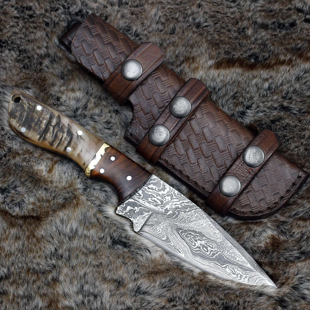 Ajax Damascus Hunting Knife with Exotic Rosewood & Ram Horn Handle