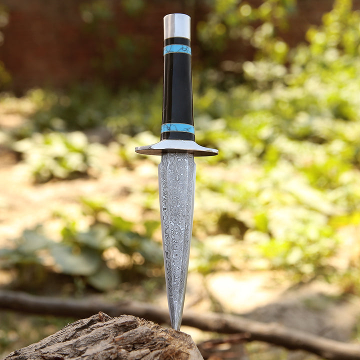 Oasis Damascus Hunting Fixed Blade Knife with Turquoise and Bull Horn Handle